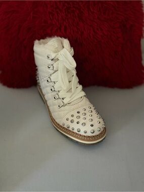 Sam Edelman White Quilted Studded Lace-Up Ankle Bootie